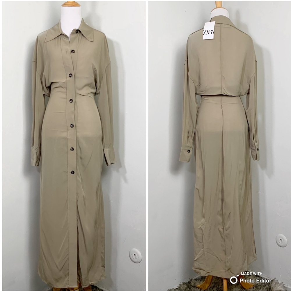 New ZARA Maxi Dress XS Long Sleeve Shirt Dress Collared Neutral Tan